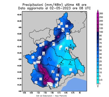 Carta di analisi delle precipitazioni registrate in Piemonte dal 30 aprile al 2 maggio