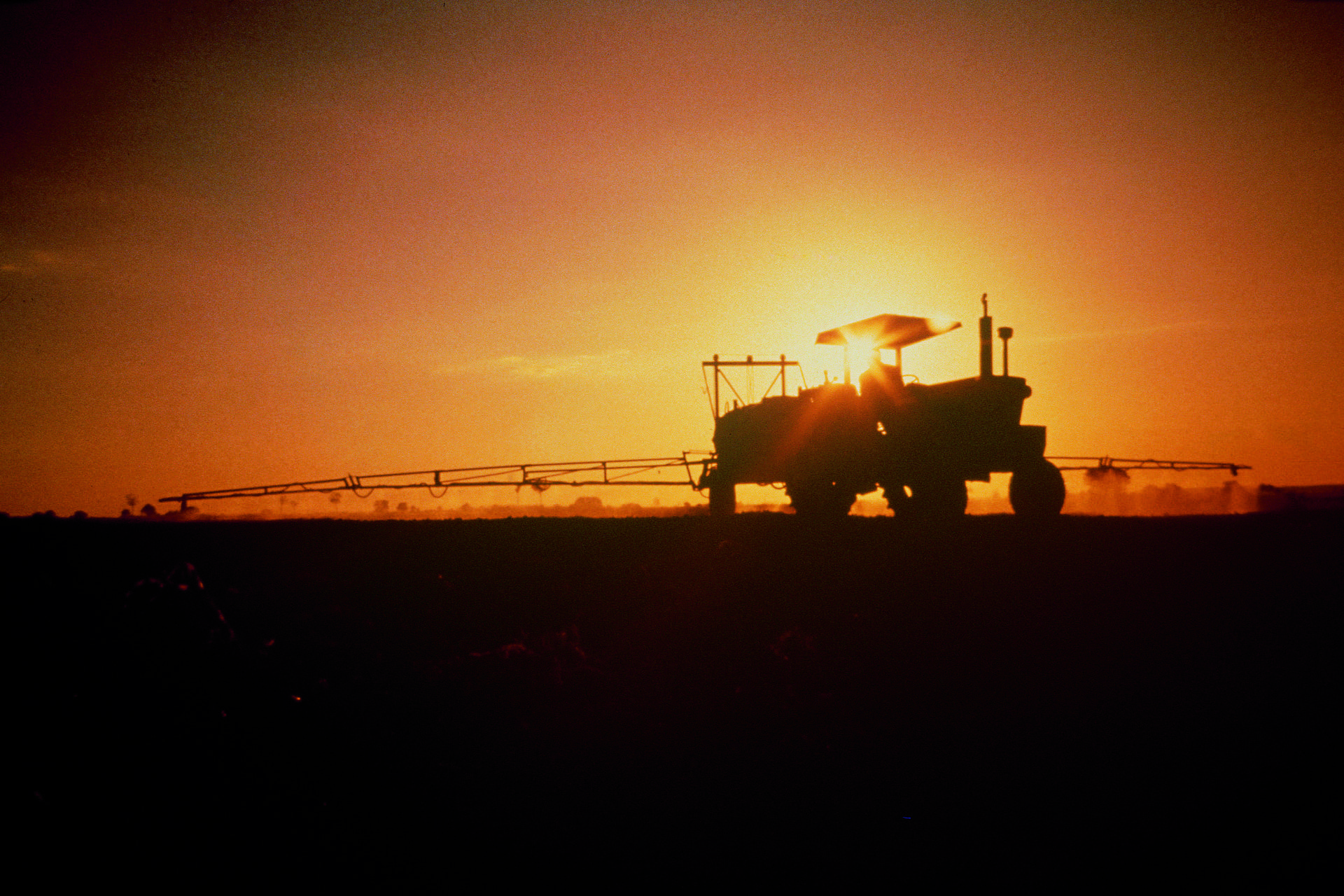 Un trattore irrora un campo con dei prodotti fitosanitari al tramonto